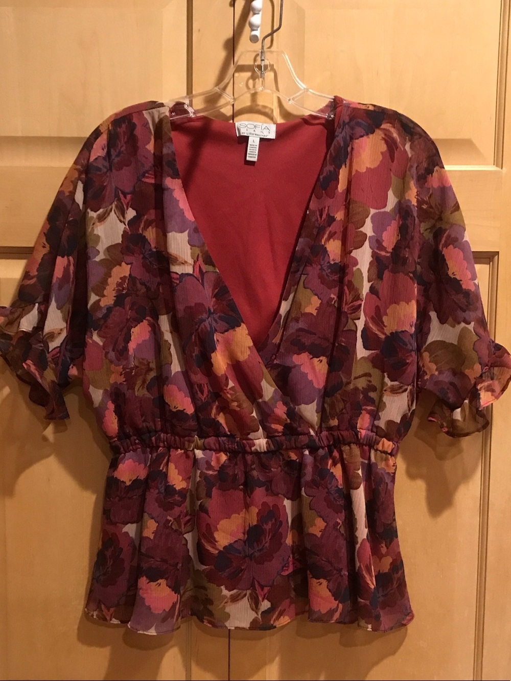 sofia by sofia vergara Burgundy Multi Floral Wrap Peplum Top